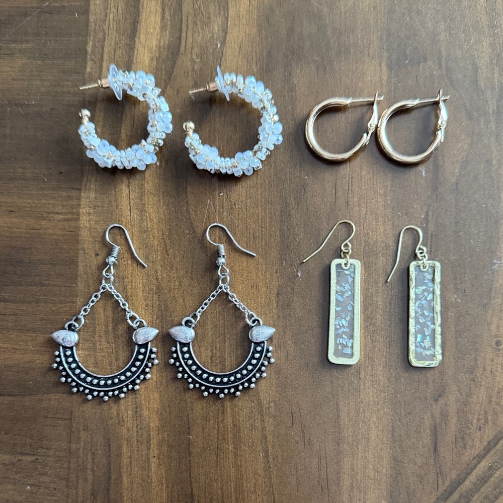Chic White Seed Bead Hoops & Resin Bar Earring Set | 4 Pairs